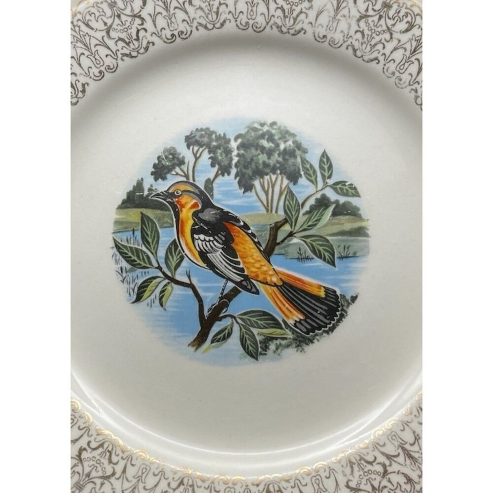 Vtg Homer Laughlin Oriole Plate Decorative China Bird Dish Gold Filigree Rim USA - Picture 2 of 5